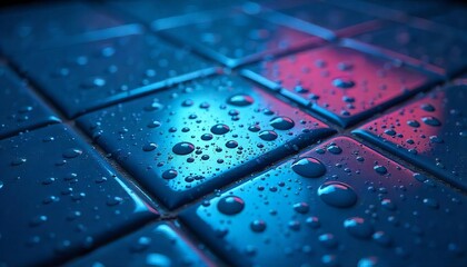 Textured Reflections: A close-up study of water droplets clinging to a surface of blue tiles, illuminated by a mix of cool and warm light.
