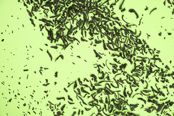 Scattered leaves of black large leaf tea on green background top view
