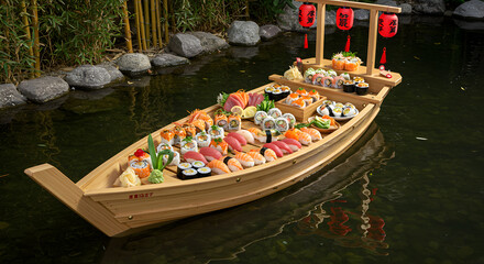 Obraz premium Exquisite sushi boat drifting on tranquil water, a culinary adventure afloat