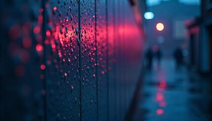 Rain-Kissed Alley: A close-up captures water droplets glistening on a textured wall, reflecting the soft glow of city lights in a mesmerizing scene of urban tranquility and atmospheric beauty.