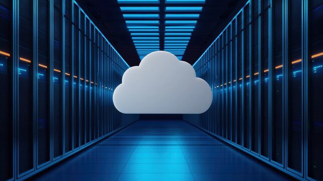 A futuristic server room with blue lighting, featuring a central cloud symbol, representing cloud computing and data storage technology.