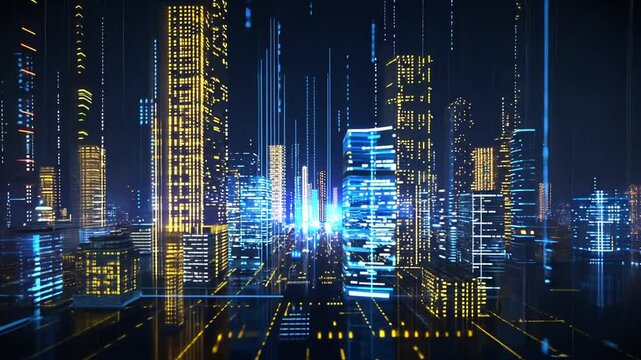 Leuchtende Skyline mit digitalen Elementen
