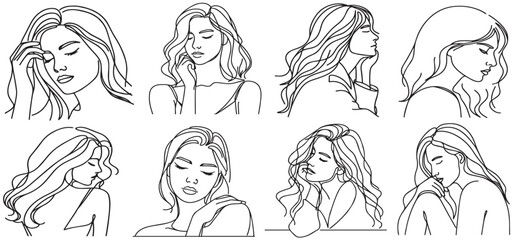Bundle of Women Girl Close up Face Pose Modeling Line Art Vector. beautiful woman face. Line drawing.