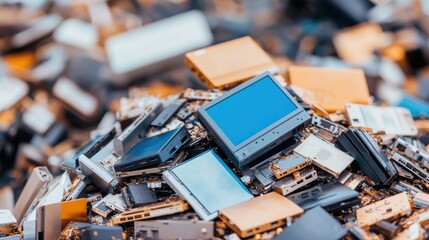 A close-up view of a pile of discarded electronic devices, showcasing various components and screens, representing e-waste accumulation.