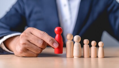 A person selecting red pawn from others to show leader and selection 