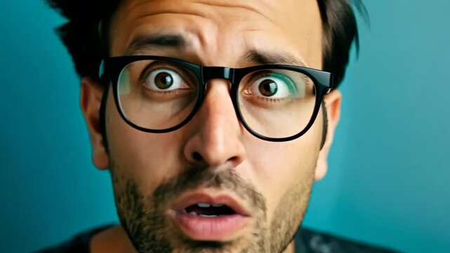 Mann mit Brille blickt &uuml;berrascht zur Seite