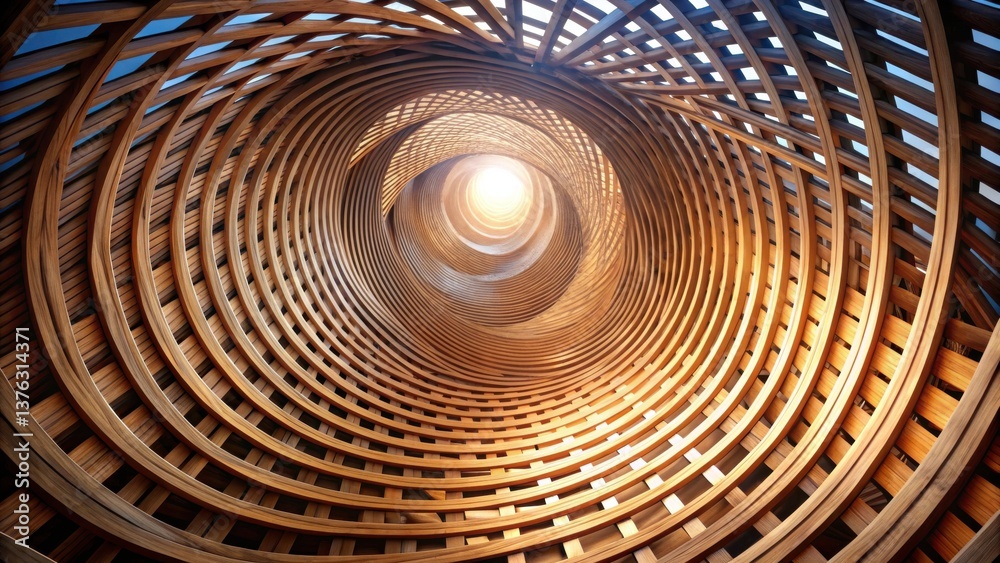 Fototapete Intricate Wooden Structure A Spiraling Architectural Design Featuring Interwoven Layers of Light Brown Wood, Creating a Stunning Visual Effect of Depth and Perspective, Illuminating an Inner Core.