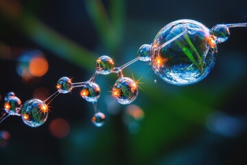 Bubbles reflecting greenery and light during a close-up observation in nature's shimmering moments