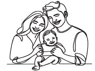 Continuous one line art drawing happy family father and mother with child vector illustration