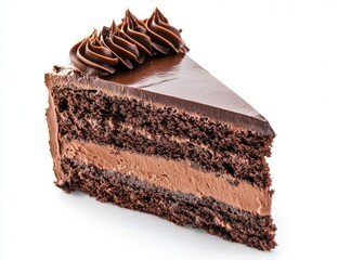 Serving of Rich Chocolate Cake with Ganache on White Background
