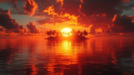 Fiery sunset over tranquil island, reflecting in calm ocean waters