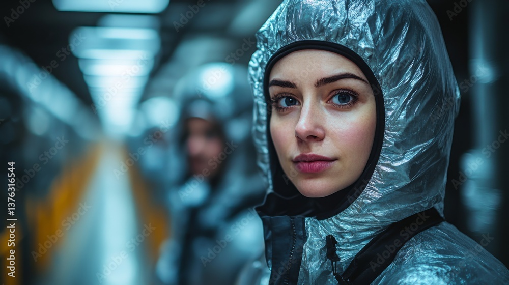 Poster Two logistics specialists in protective suits focus on tasks in a cutting edge automated warehouse filled with advanced transportation technology and efficient mobility systems.