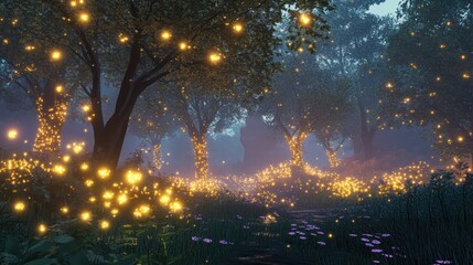 Naklejka premium A beautiful glowing forest scene featuring illuminated trees and pathways