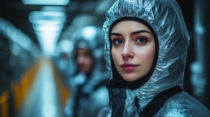 Two logistics specialists in protective suits focus on tasks in a cutting edge automated warehouse filled with advanced transportation technology and efficient mobility systems.