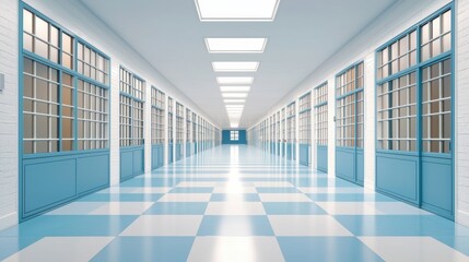 A bright, modern corridor with blue accents, featuring multiple doors and large windows, creating an open and inviting atmosphere.