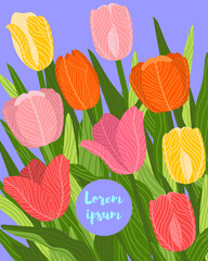 Illustration of a floral background featuring various tulips flowers, with a text placeholder. Ideal for banners, covers, greeting cards, invitations, posters, and other design templates. Hand-drawn