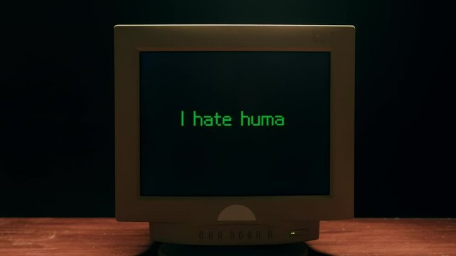 Retro pc with loading code console, programmer making scripts, green basic screen, Old computer studio close-up, Desktop vintage retro wave display, late 90s PC.