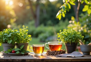 Fresh herbal tea served in glass cups with mint and basil plants