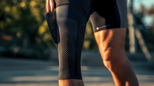 The lower leg and shorts of a person exercising outdoors