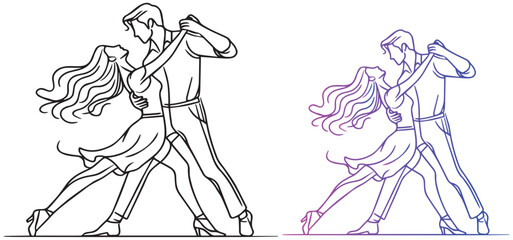 A couple is dancing one line continuous vector illustration. Concept of dance banner. Line art, outline vector illustration