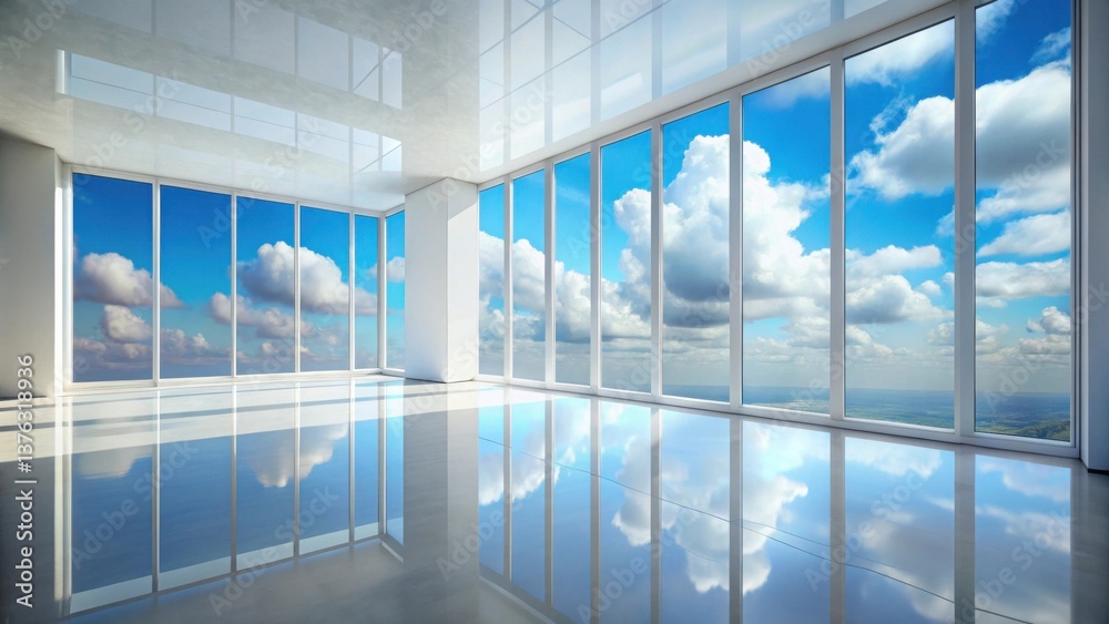 Poster expansive room with floor-to-ceiling windows showcasing a panoramic view of a blue sky and puffy whi
