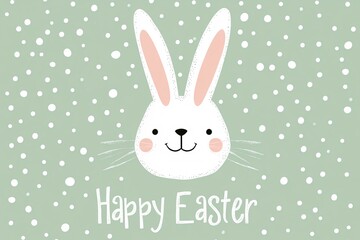 Fototapeta premium A cheerful Easter bunny face smiles warmly, wishing a Happy Easter against a soft sage green background sprinkled with white dots.