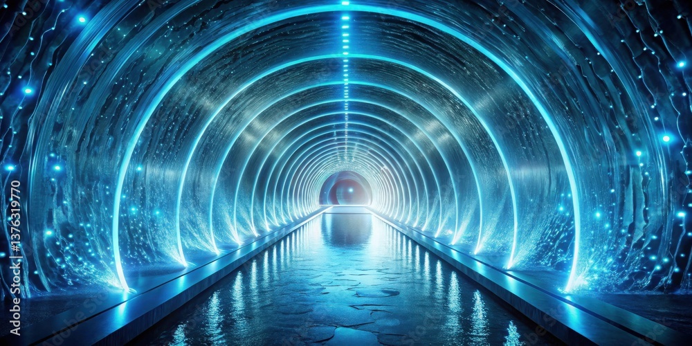 Poster Futuristic Aqueous Tunnel A Serene and Luminescent Passageway with Reflective Waters and Glowing Circular Walls