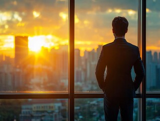Fototapeta premium Successful Entrepreneur Contemplates Future with Cityscape and Sunrise View