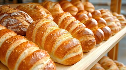 Shopping Freshly baked bread and pastries arranged in the window display of a local bakery.