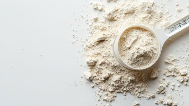 Scattered protein powder with measuring spoon top