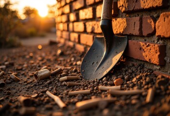 Shovel resting against a brick wall at sunset, surrounded by gravel