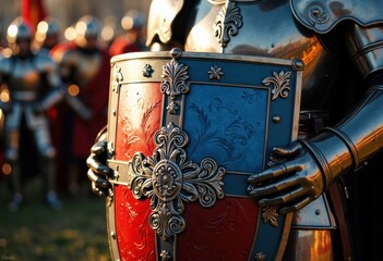 A knight in shining armor holds a beautifully crafted shield with intricate designs