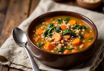 Delicious bowl of vegetable soup with carrots and spinach