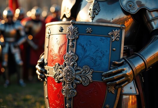 A knight in shining armor holds a beautifully crafted shield with intricate designs