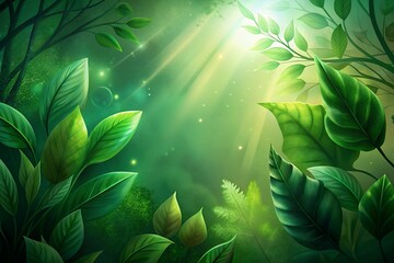 Fototapeta premium Enchanting sunlit forest canopy, vibrant green leaves bathed in magical golden light, a serene and mystical woodland scene.