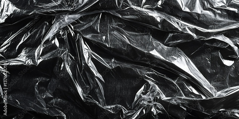 Poster textured black plastic wrap creates an abstract pattern with shiny reflections and deep shadows in a