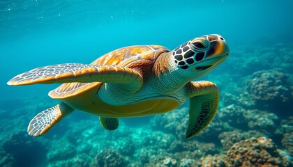 Fototapeta premium A Majestic Sea Turtle Gracefully Navigates a Vibrant Coral Reef Ecosystem