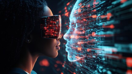A Black woman wea a futuristic VR headset engages with a dynamic holographic human face made of flowing binary code streams in a digital landscape