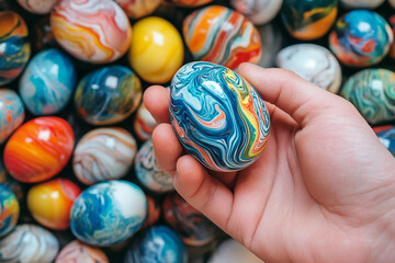 Fototapeta premium Generative AI picture of Colorful Easter Eggs Among Paschal Holiday Decorations