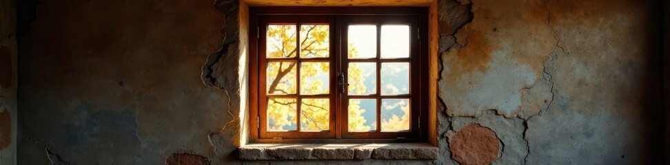 Fototapeta premium Dark brown casement window, aged wall, sunlight, house, exterior, building
