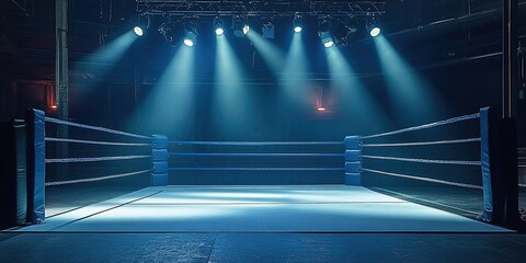 A dramatic boxing ring scene with blue ropes surrounding a white ring floor, illuminated by intense spotlights from above, creating a tense and theatrical atmosphere