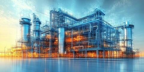 Industrial facility illuminated by sunset, showcasing intricate plumbing and structure design in a modern environment