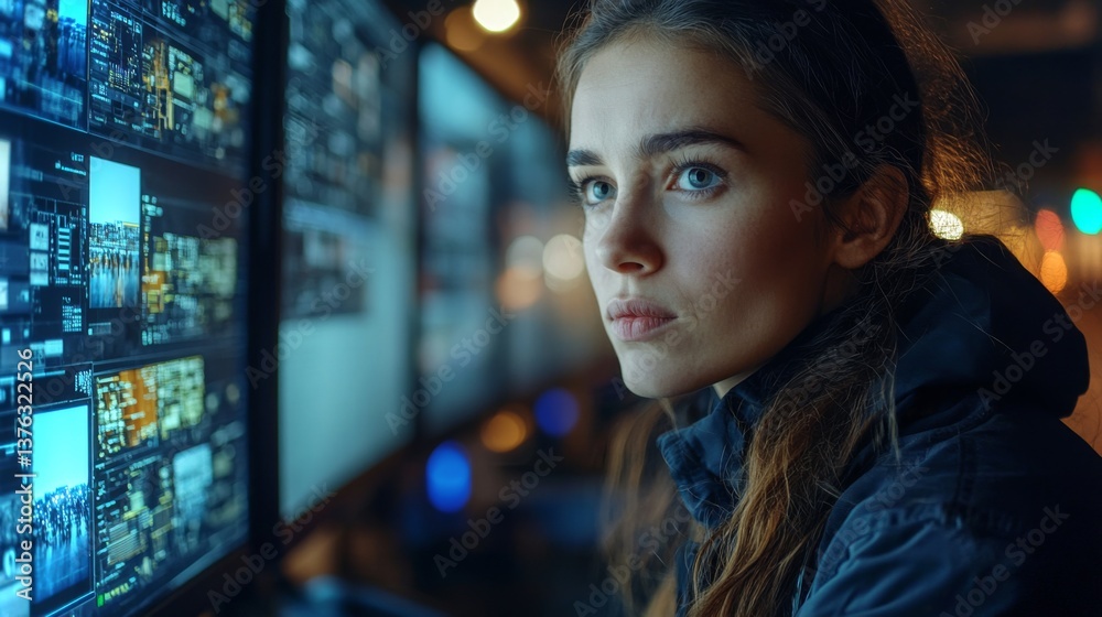 Poster The logistics automation expert focuses intently on multiple screens displaying real time data. This occurs late at night in a cutting edge transportation facility, emphasizing efficient operations.