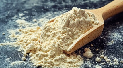 Heap of Vanilla Protein Powder with Wooden Spoon