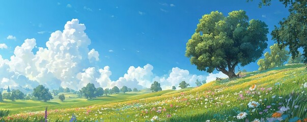 A dreamy field landscape painting with vast green meadows dotted with colorful wildflowers, distant rolling hills, a bright blue sky with fluffy white clouds