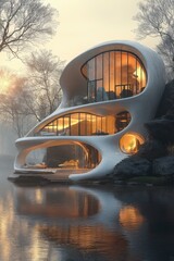 Fototapeta premium Futuristic house by water, glowing windows, winter scene