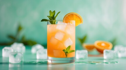 a glass of orange cocktail or refresher with mint, center placed against a mint color textured background