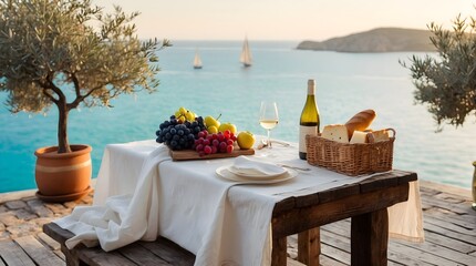 Obraz premium A serene outdoor dining setup with fruit, wine and cheese on a rustic wooden patio overlooking a calm turquoise sea