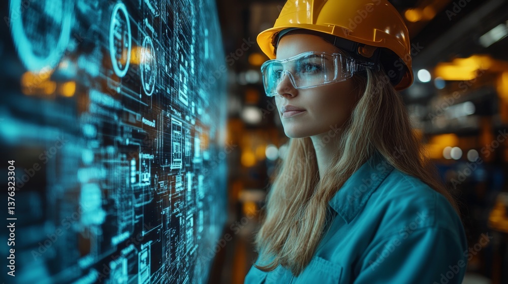 Poster woman wearing safety gear observes digital data on screens in an advanced logistics facility focused