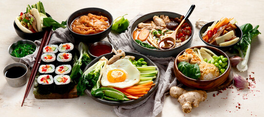 Various Korean Home-style Side Dishes. Asian food concept.